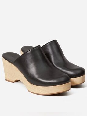 EVERLANE The Clog Black Leather With Wooden Platform Heel Size 7 EUC